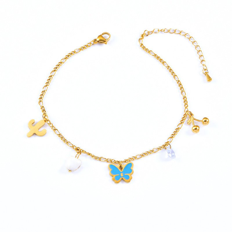 Gold Blue Enamel Butterfly Cactus Charm Anklet - Anklets - 18k Gold Plated Waterproof Jewellery - Collection 9