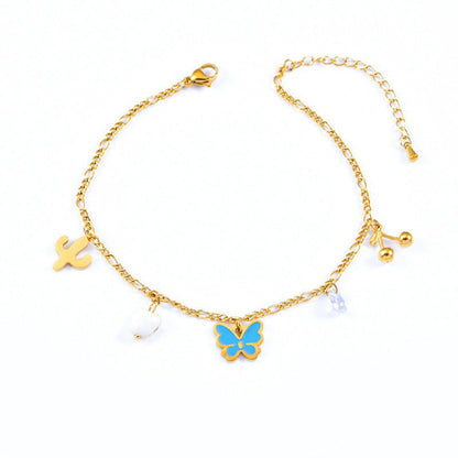 Gold Blue Enamel Butterfly Cactus Charm Anklet - Anklets - 18k Gold Plated Waterproof Jewellery - Collection 9