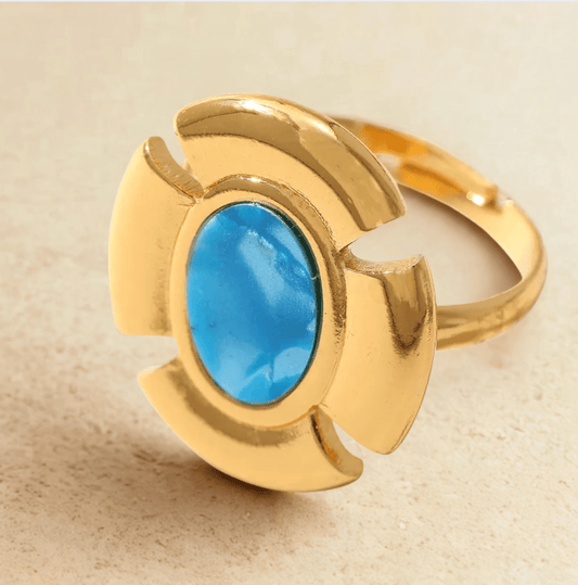 Gold Blue Inlay Geometric Ring - Jewelry - 18k Gold Plated Waterproof Jewellery - Collection 9