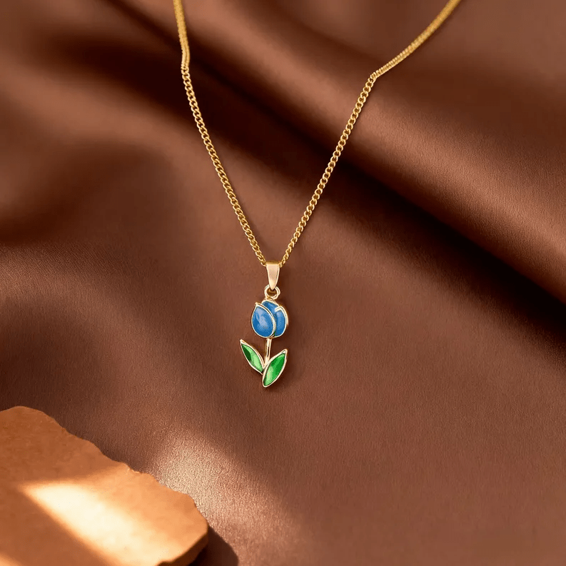 Gold Blue Tulip Flower Necklace - Jewelry - 18k Gold Plated Waterproof Jewellery - Collection 9