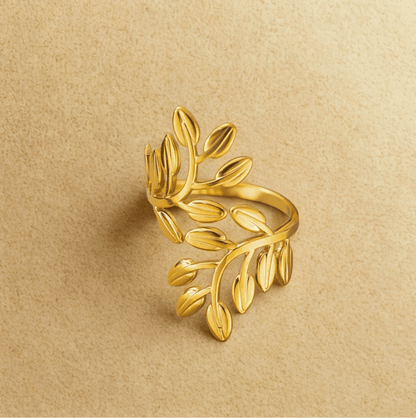 Gold Botanical Leaf Wrap Adjustable Ring - Jewelry - 18k Gold Plated Waterproof Jewellery - Collection 9