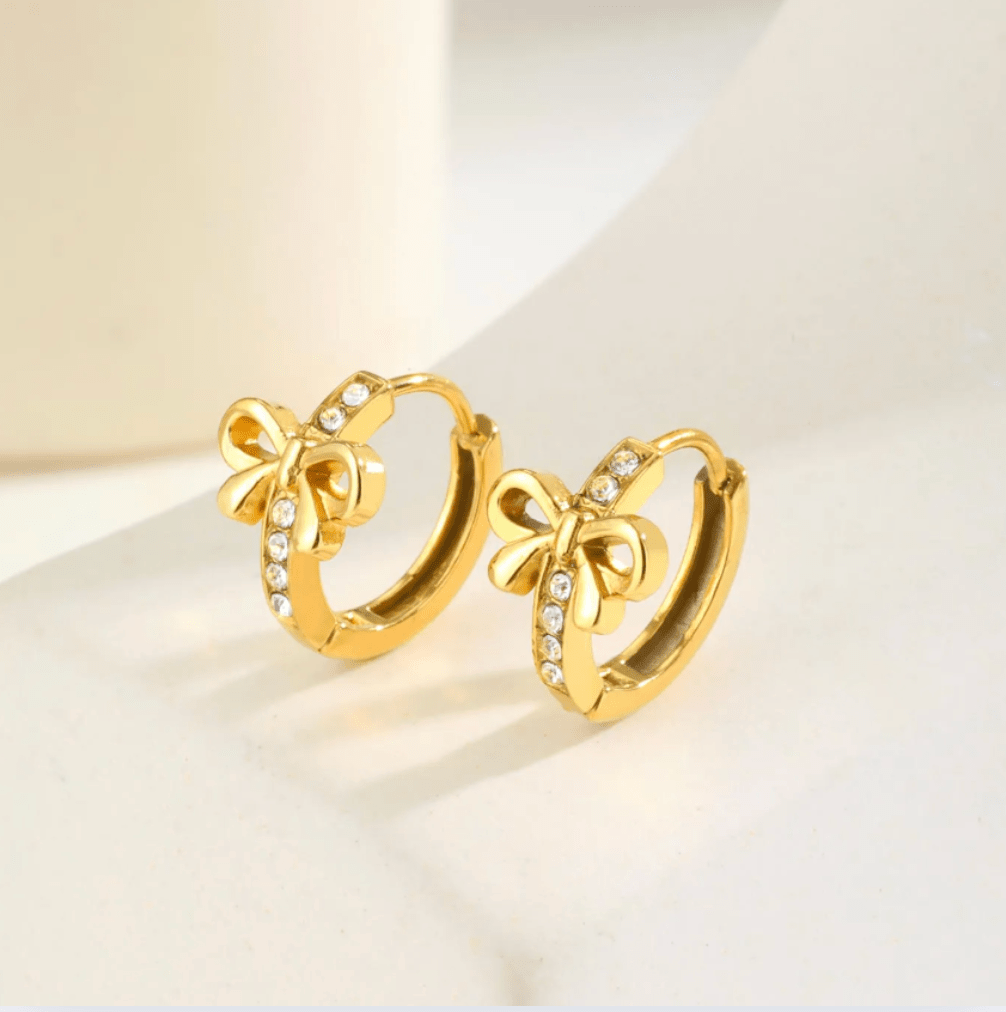 Gold Bow Crystal Huggie Earrings - - 18k Gold Plated Waterproof Jewellery - Collection 9