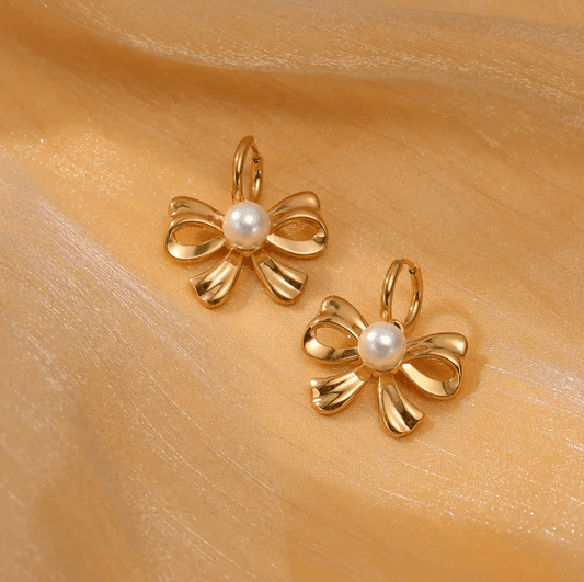 Gold Bow Pearl Hoop Earrings - - 18k Gold Plated Waterproof Jewellery - Collection 9