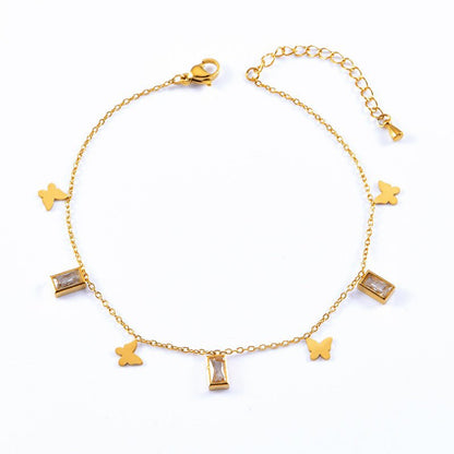 Gold Butterfly & Baguette Rhinestone Charm Anklet - Anklet - 18k Gold Plated Waterproof Jewellery - Collection 9
