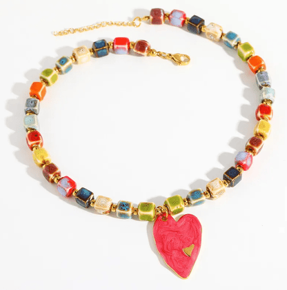 Gold Ceramic Cube Bead & Enamel Heart Necklace - Necklaces - 18k Gold Plated Waterproof Jewellery - Collection 9