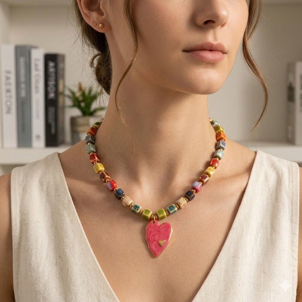 Gold Ceramic Cube Bead & Enamel Heart Necklace - Necklaces - 18k Gold Plated Waterproof Jewellery - Collection 9