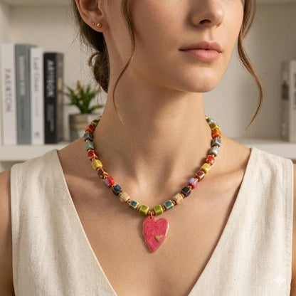 Gold Ceramic Cube Bead & Enamel Heart Necklace - Necklaces - 18k Gold Plated Waterproof Jewellery - Collection 9
