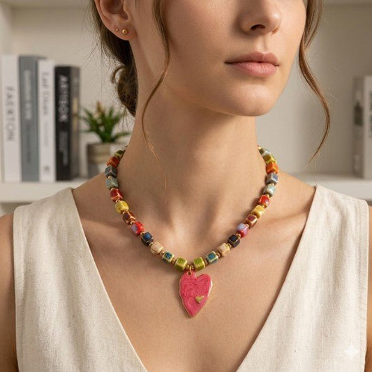 Gold Ceramic Cube Bead & Enamel Heart Necklace - Necklaces - 18k Gold Plated Waterproof Jewellery - Collection 9
