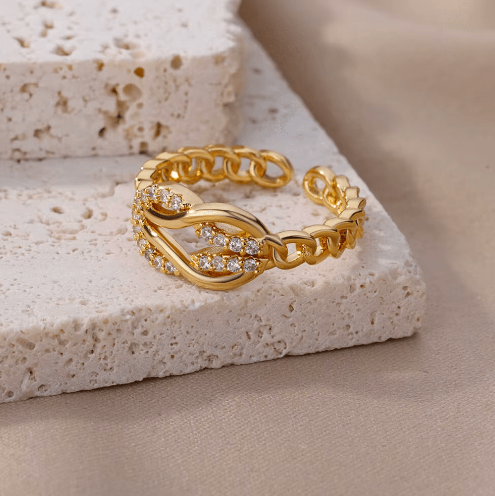 Gold Chain Crystal Ring - Rings - 18k Gold Plated Waterproof Jewellery - Collection 9