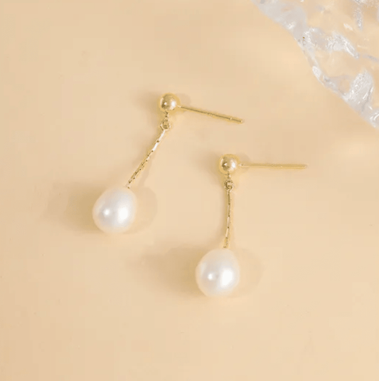 Gold Chain Freshwater Pearl Drop Earrings - - 18k Gold Plated Waterproof Jewellery - Collection 9