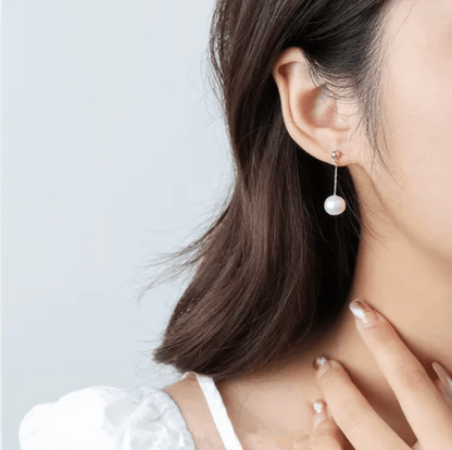 Gold Chain Freshwater Pearl Drop Earrings - - 18k Gold Plated Waterproof Jewellery - Collection 9