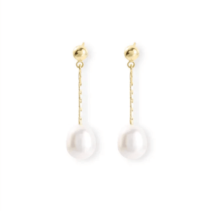 Gold Chain Freshwater Pearl Drop Earrings - - 18k Gold Plated Waterproof Jewellery - Collection 9