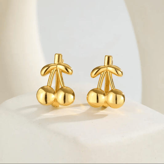 Gold Cherry Stud Earrings - - 18k Gold Plated Waterproof Jewellery - Collection 9