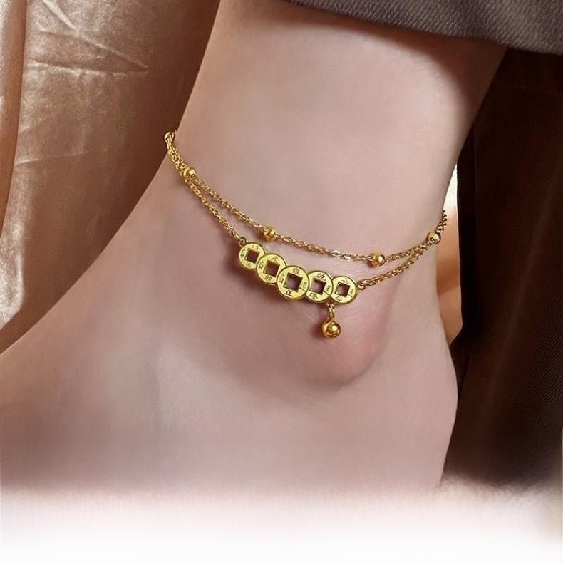 Gold Chinese Coin Bell Drop Double Layer Anklet - Anklets - 18k Gold Plated Waterproof Jewellery - Collection 9
