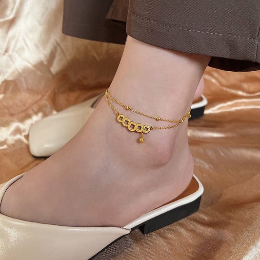Gold Chinese Coin Bell Drop Double Layer Anklet - Anklets - 18k Gold Plated Waterproof Jewellery - Collection 9