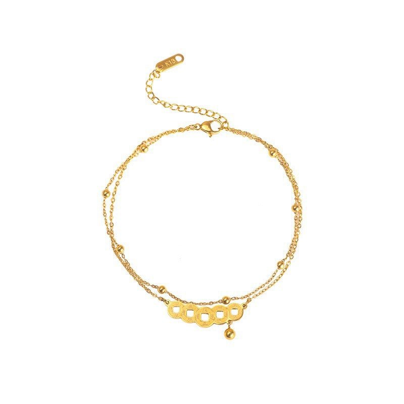 Gold Chinese Coin Bell Drop Double Layer Anklet - Anklets - 18k Gold Plated Waterproof Jewellery - Collection 9