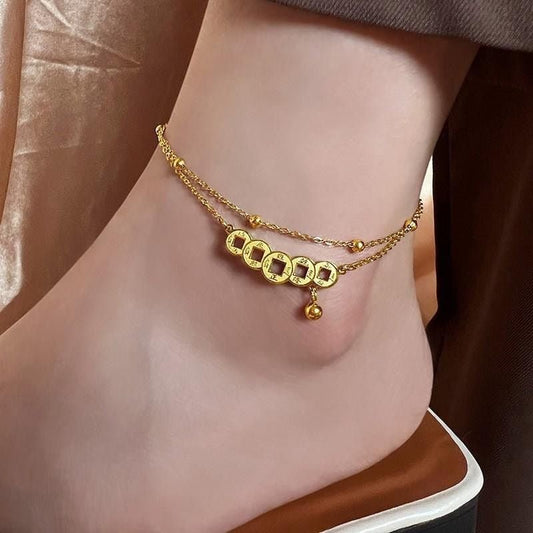 Gold Chinese Coin Bell Drop Double Layer Anklet - Anklets - 18k Gold Plated Waterproof Jewellery - Collection 9