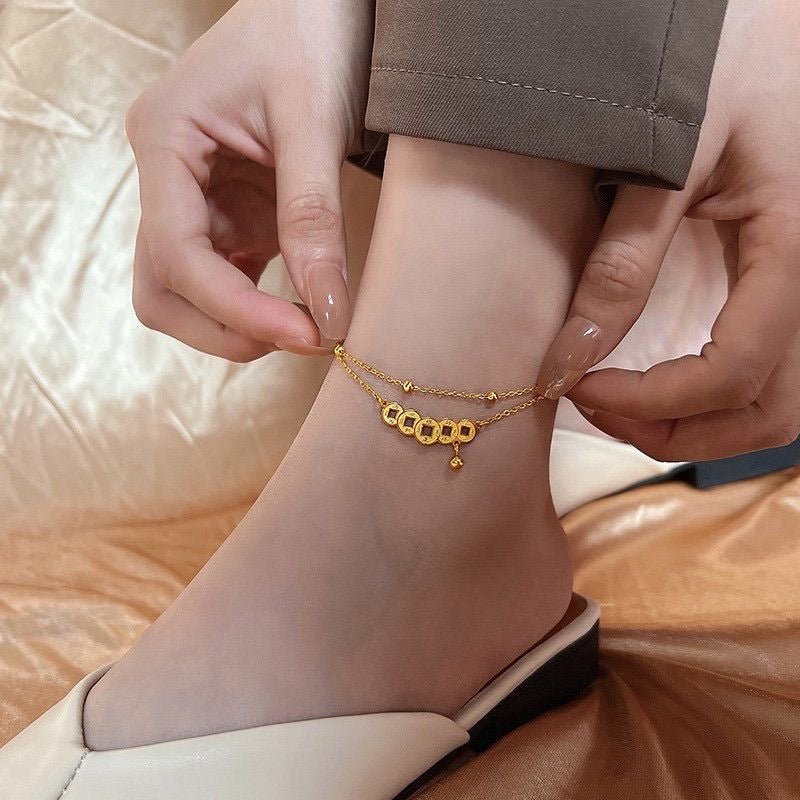 Gold Chinese Coin Bell Drop Double Layer Anklet - Anklets - 18k Gold Plated Waterproof Jewellery - Collection 9