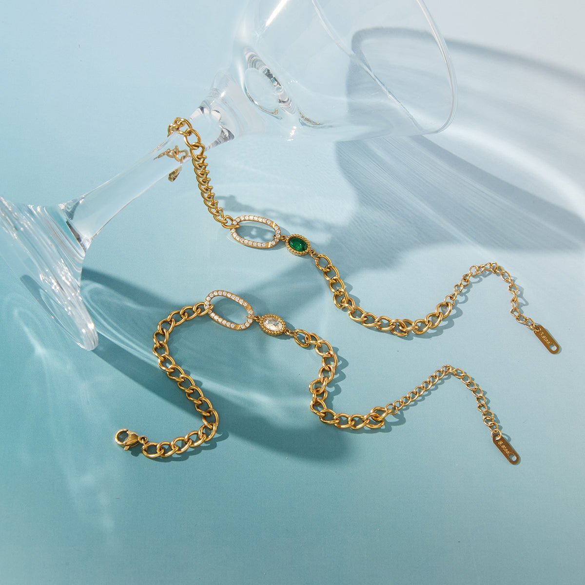 Gold Chunky Curb Chain Oval Rhinestone & Green Emerald Zircon Bracelet - Bracelets - 18k Gold Plated Waterproof Jewellery - Collection 9