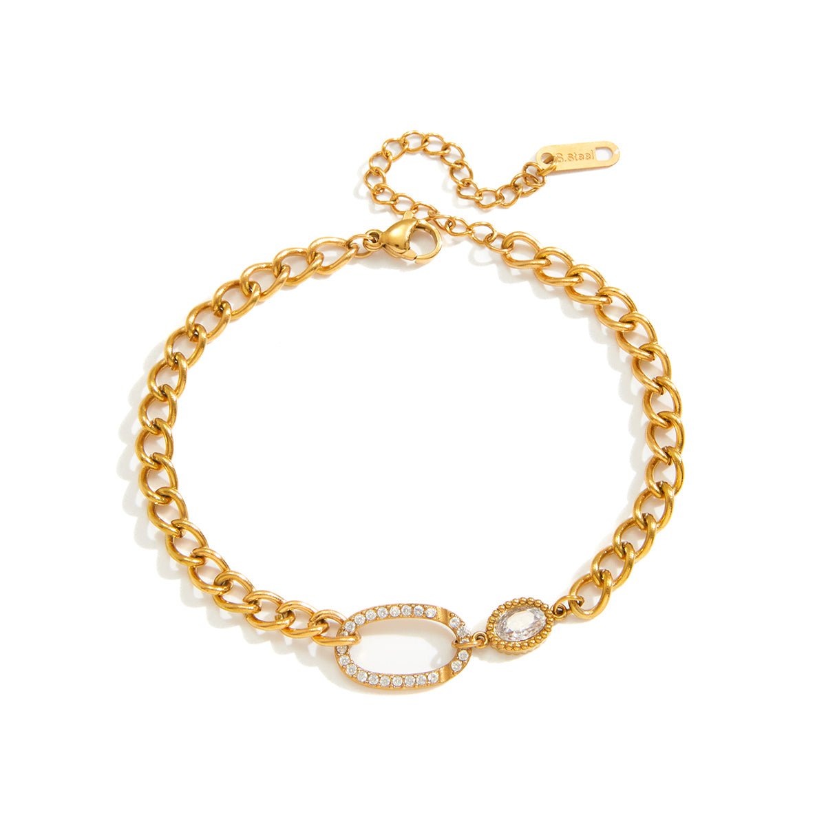 Gold Chunky Curb Chain Oval Rhinestone & Green Emerald Zircon Bracelet - Bracelets - 18k Gold Plated Waterproof Jewellery - Collection 9