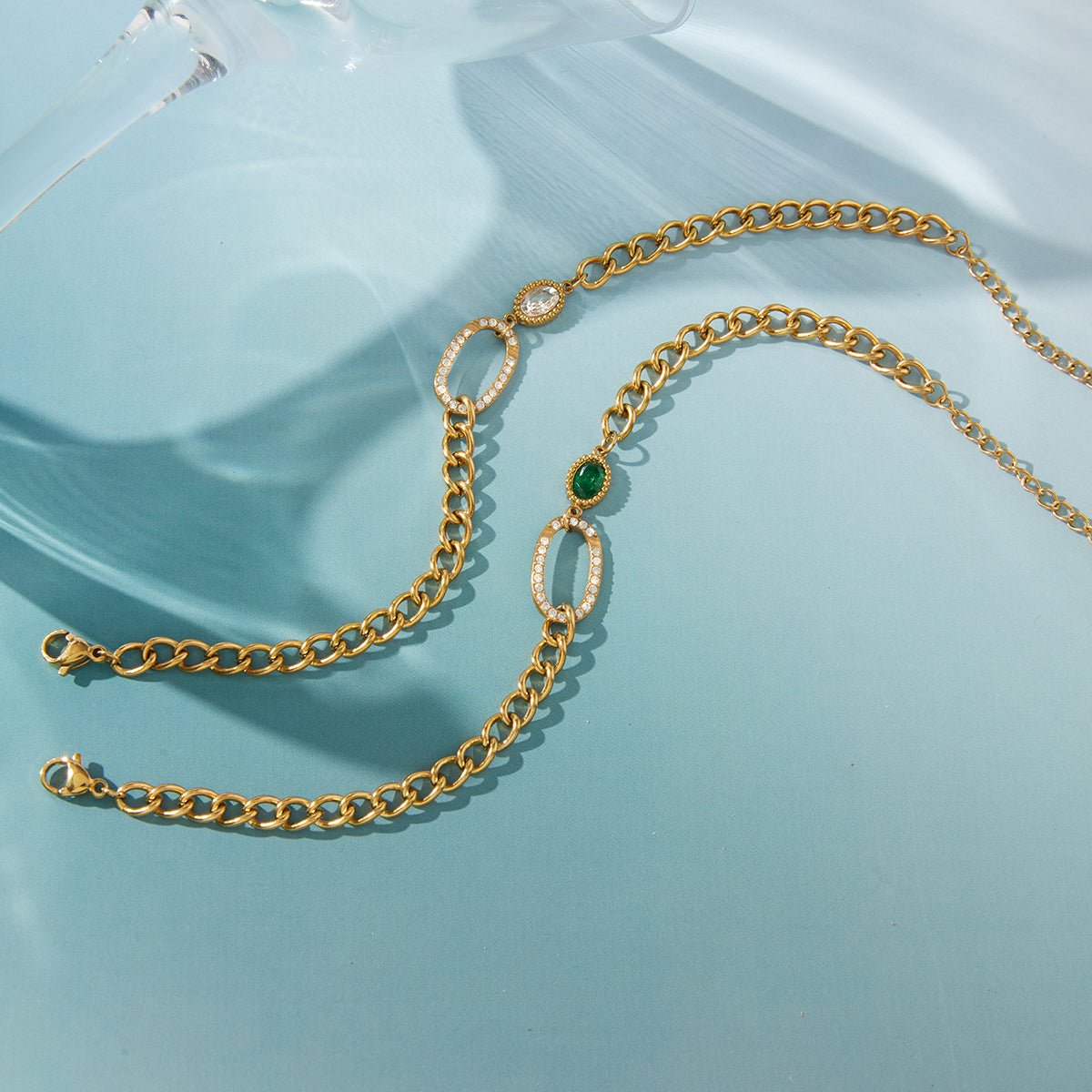 Gold Chunky Curb Chain Oval Rhinestone & Green Emerald Zircon Bracelet - Bracelets - 18k Gold Plated Waterproof Jewellery - Collection 9