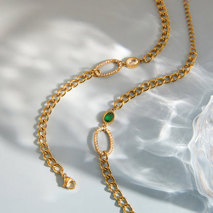 Gold Chunky Curb Chain Oval Rhinestone & Green Emerald Zircon Bracelet - Bracelets - 18k Gold Plated Waterproof Jewellery - Collection 9