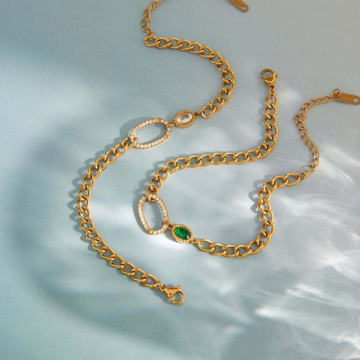 Gold Chunky Curb Chain Oval Rhinestone & Green Emerald Zircon Bracelet - Bracelets - 18k Gold Plated Waterproof Jewellery - Collection 9