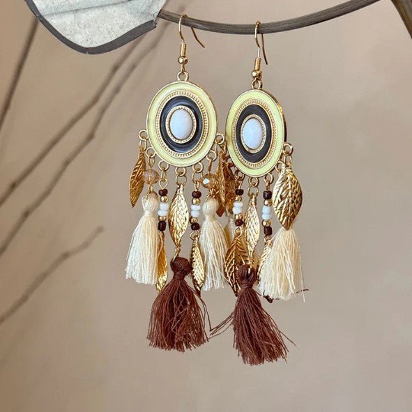 Gold Circle Disc & Cream Brown Tassel Leaf Charm Drop Earrings - Drop Earrings - 18k Gold Plated Waterproof Jewellery - Collection 9