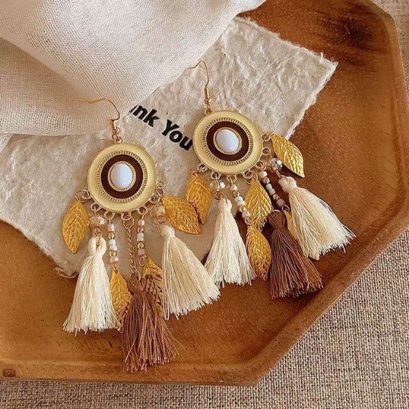 Gold Circle Disc & Cream Brown Tassel Leaf Charm Drop Earrings - Drop Earrings - 18k Gold Plated Waterproof Jewellery - Collection 9