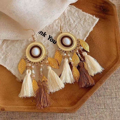 Gold Circle Disc & Cream Brown Tassel Leaf Charm Drop Earrings - Drop Earrings - 18k Gold Plated Waterproof Jewellery - Collection 9
