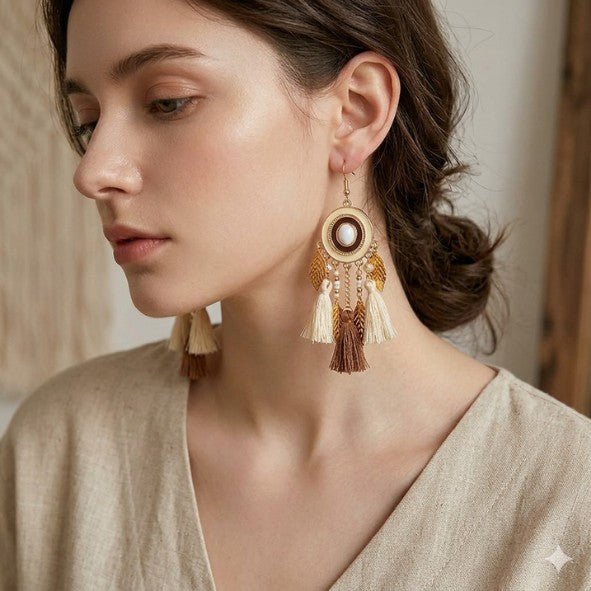 Gold Circle Disc & Cream Brown Tassel Leaf Charm Drop Earrings - Drop Earrings - 18k Gold Plated Waterproof Jewellery - Collection 9