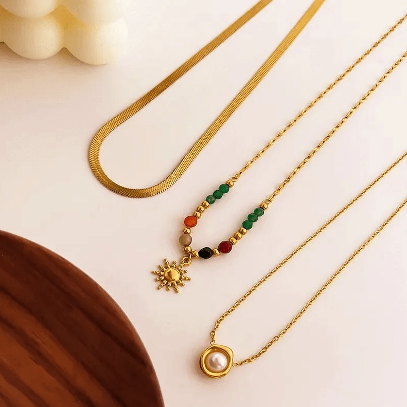 Gold Colorful Bead Sun Pendant Single Necklace - Jewelry - 18k Gold Plated Waterproof Jewellery - Collection 9