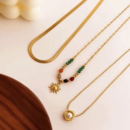 Gold Colorful Bead Sun Pendant Single Necklace - Jewelry - 18k Gold Plated Waterproof Jewellery - Collection 9