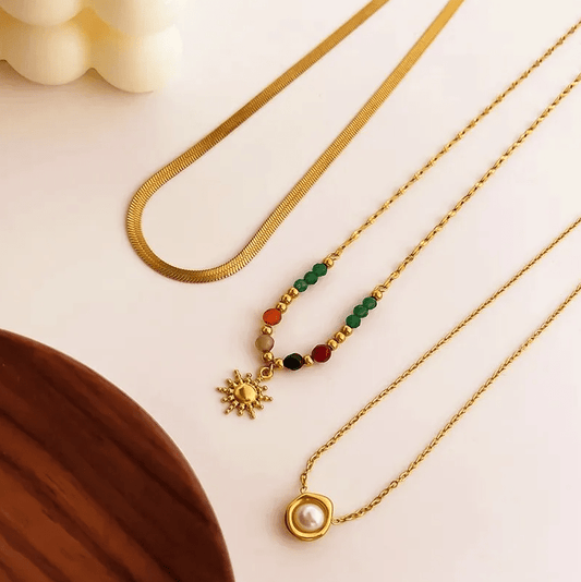 Gold Colorful Bead Sun Pendant Single Necklace - Jewelry - 18k Gold Plated Waterproof Jewellery - Collection 9