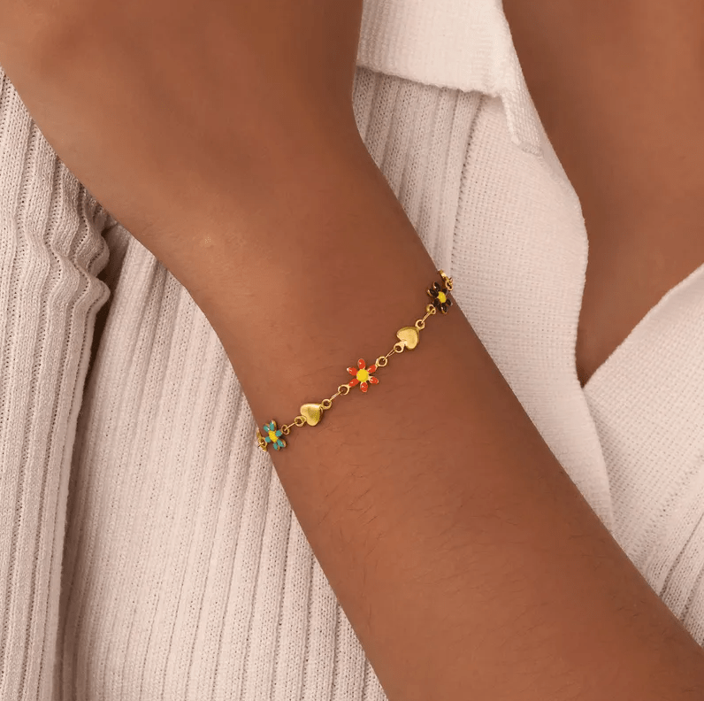 Gold Colorful Flower Heart Charm Bracelet - Jewelry - 18k Gold Plated Waterproof Jewellery - Collection 9