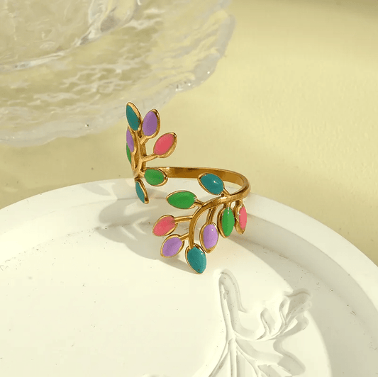 Gold Colorful Leaf Wrap Ring - Jewelry - 18k Gold Plated Waterproof Jewellery - Collection 9