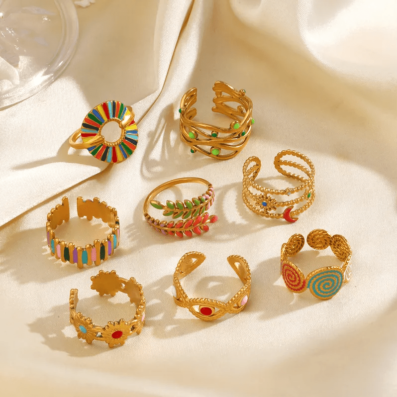 Gold Colorful Spiral Medallion Adjustable Ring - Jewelry - 18k Gold Plated Waterproof Jewellery - Collection 9