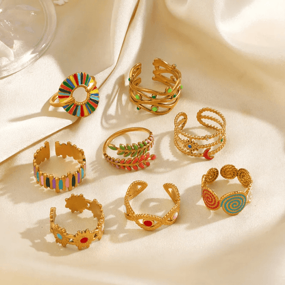 Gold Colorful Spiral Medallion Adjustable Ring - Jewelry - 18k Gold Plated Waterproof Jewellery - Collection 9