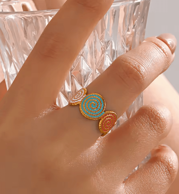 Gold Colorful Spiral Medallion Adjustable Ring - Jewelry - 18k Gold Plated Waterproof Jewellery - Collection 9