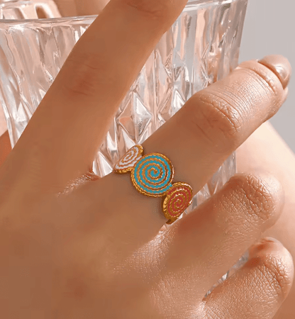 Gold Colorful Spiral Medallion Adjustable Ring - Jewelry - 18k Gold Plated Waterproof Jewellery - Collection 9