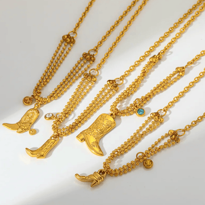 Gold Cowboy Boot Charm Layered Necklace - Necklaces - 18k Gold Plated Waterproof Jewellery - Collection 9