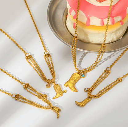 Gold Cowboy Boot Charm Layered Necklace - Necklaces - 18k Gold Plated Waterproof Jewellery - Collection 9