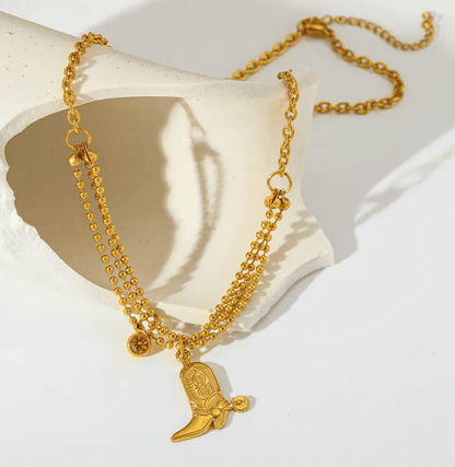 Gold Cowboy Boot Charm Layered Necklace - Necklaces - 18k Gold Plated Waterproof Jewellery - Collection 9