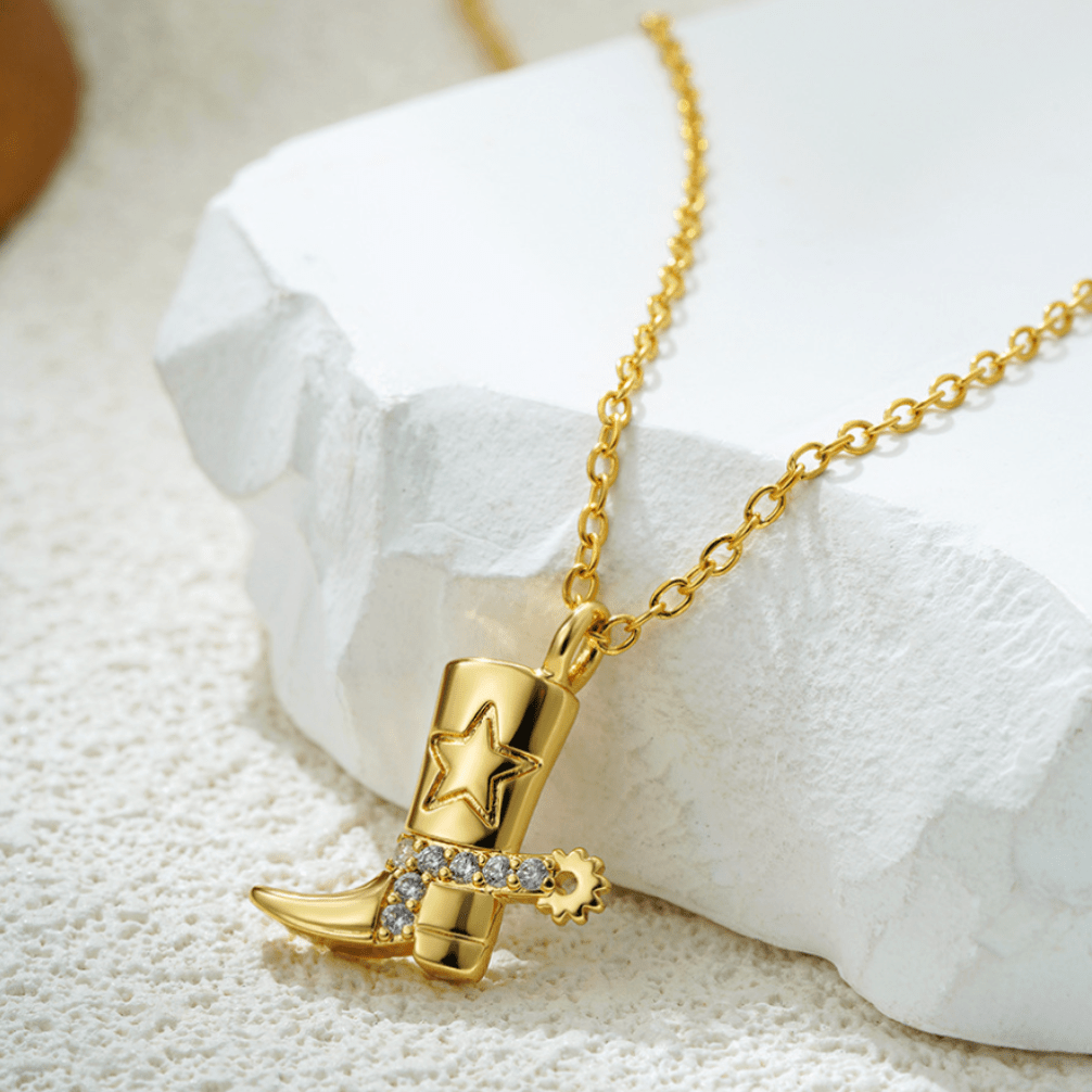 Gold Cowboy Boot Star Crystal Pendant Necklace - - 18k Gold Plated Waterproof Jewellery - Collection 9