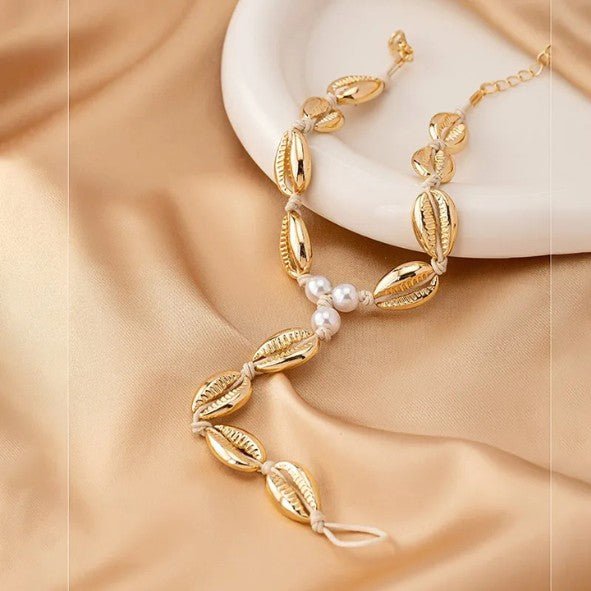 Gold Cowrie Shell & Pearl Bead Cord Anklet with Finger Ring - Anklets - 18k Gold Plated Waterproof Jewellery - Collection 9
