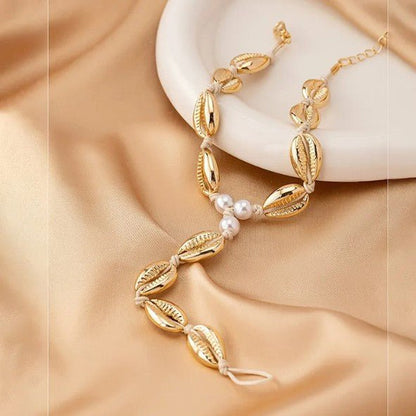 Gold Cowrie Shell & Pearl Bead Cord Anklet with Finger Ring - Anklets - 18k Gold Plated Waterproof Jewellery - Collection 9