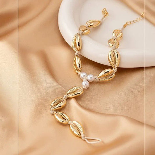 Gold Cowrie Shell & Pearl Bead Cord Anklet with Finger Ring - Anklets - 18k Gold Plated Waterproof Jewellery - Collection 9