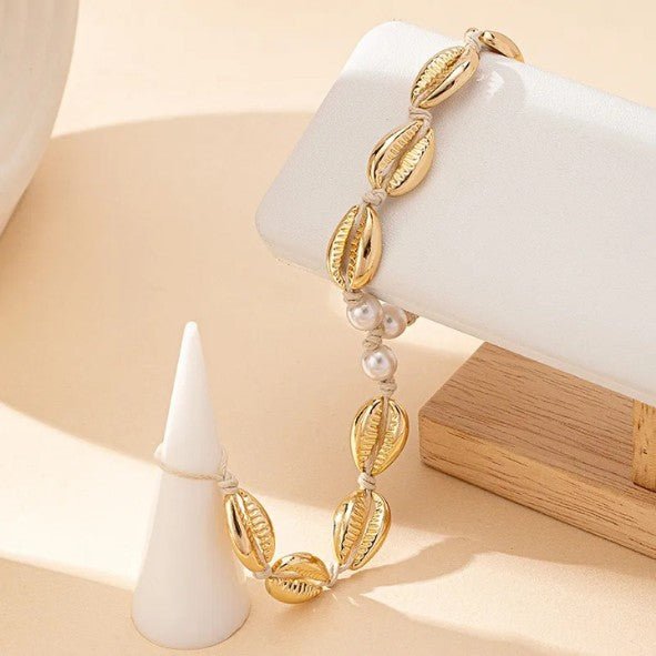 Gold Cowrie Shell & Pearl Bead Cord Anklet with Finger Ring - Anklets - 18k Gold Plated Waterproof Jewellery - Collection 9