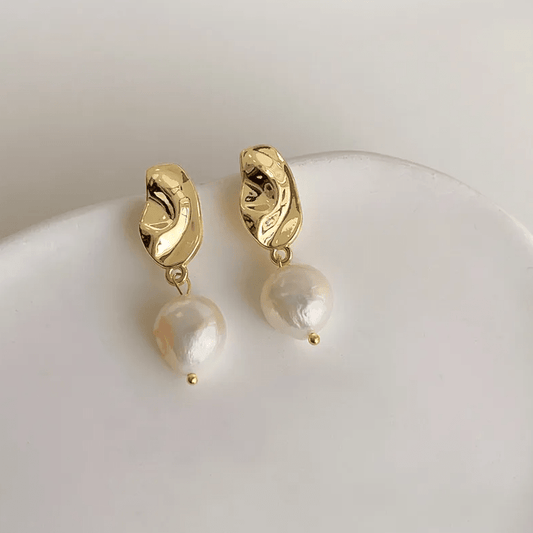 Gold Crescent Moon Freshwater Pearl Drop Earrings - - 18k Gold Plated Waterproof Jewellery - Collection 9