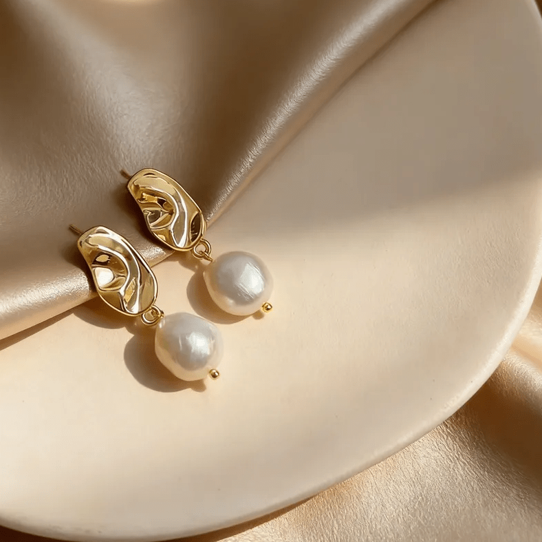Gold Crescent Moon Freshwater Pearl Drop Earrings - - 18k Gold Plated Waterproof Jewellery - Collection 9